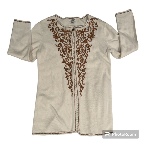 Coldwater Creek Cardigan Sweater. Embroidered. Cream with gold/tan accent Small - Picture 14 of 14
